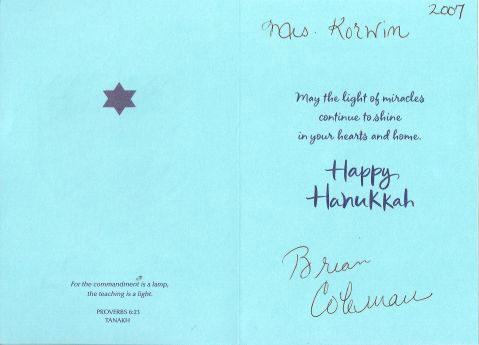 Brian Coleman Happy Hanukkah Card