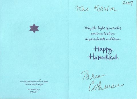 Brian Coleman Happy Hanukkah Card