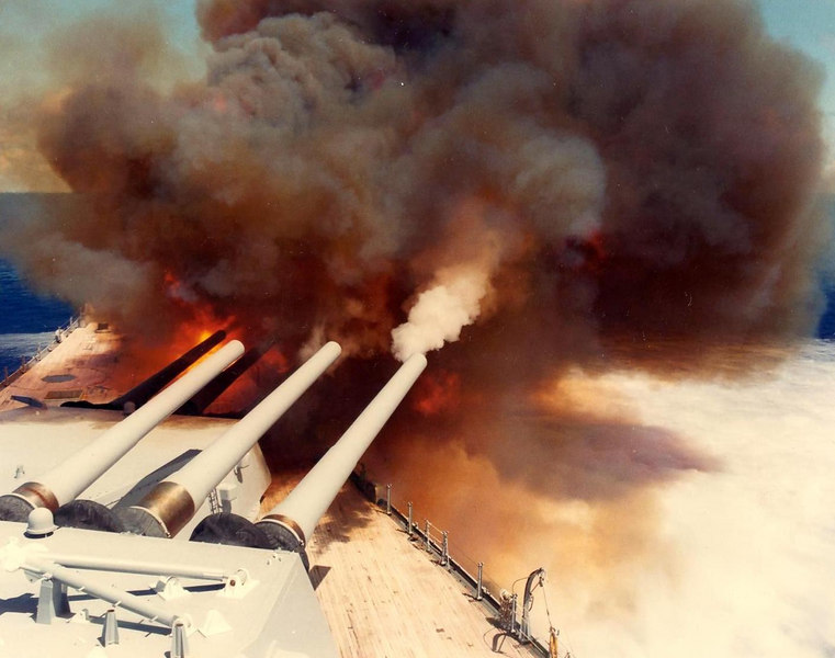 Battleship New Jersey bombing the coast of Lebanon, 1983.
